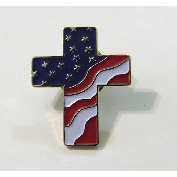 American Flag Gold Cross Lapel Pin Patriotic Red White Blue 1 Inch - Picture 1 of 4